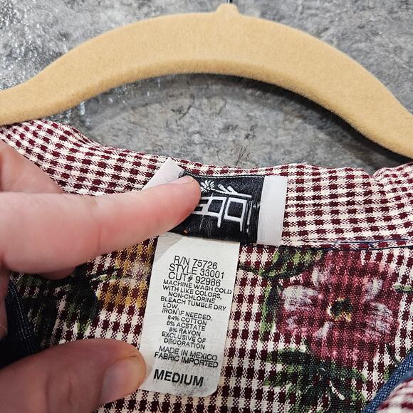 Vintage Button Up Denim Jacket Gingham Trim & Floral Embroidery Cottagecore - Picture 4 of 9